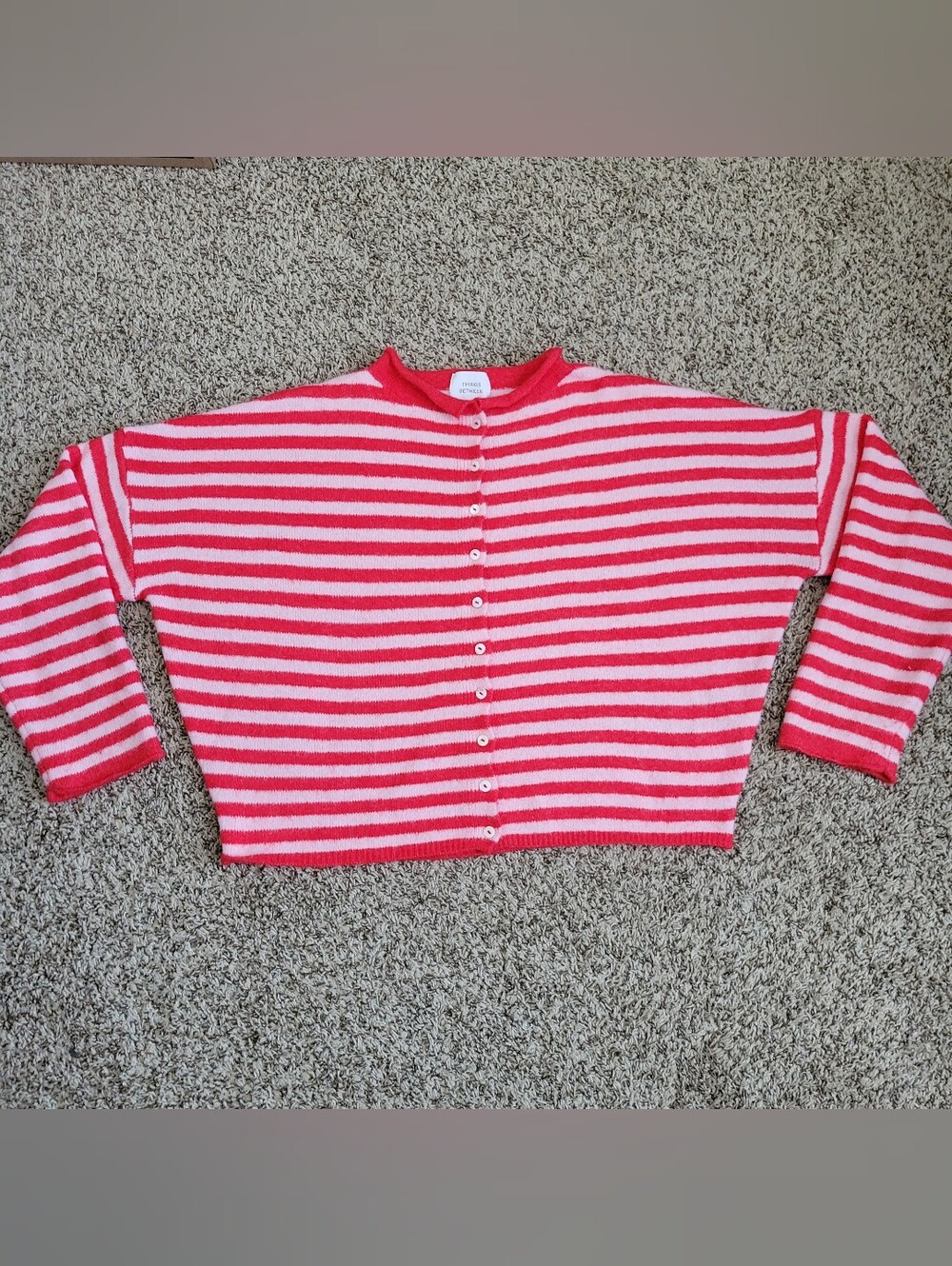 Things Between Piper Cardigan Sweater Red Pink Striped Crew Rollneck Small